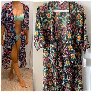 NWT LulaRoe Shirley NEW Long Kimono Jacket Sheer Unicorn Floral Print Blue Sz S